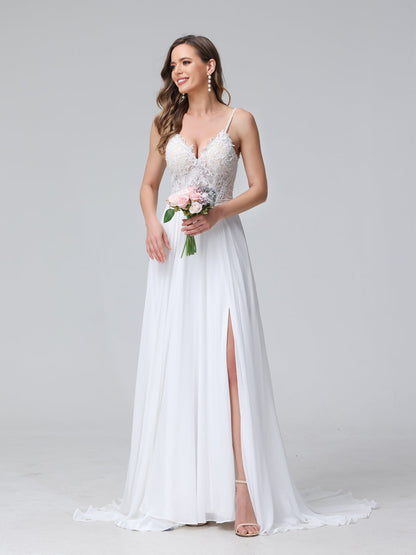 A-Line Alças Finas com Decote Em V Sem Mangas Vestidos de Casamento Longos de Chiffon com Apliques Laterais Divididas