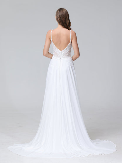 A-Line Alças Finas com Decote Em V Sem Mangas Vestidos de Casamento Longos de Chiffon com Apliques Laterais Divididas