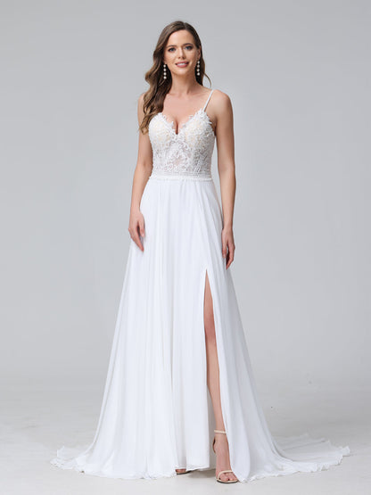 A-Line Alças Finas com Decote Em V Sem Mangas Vestidos de Casamento Longos de Chiffon com Apliques Laterais Divididas