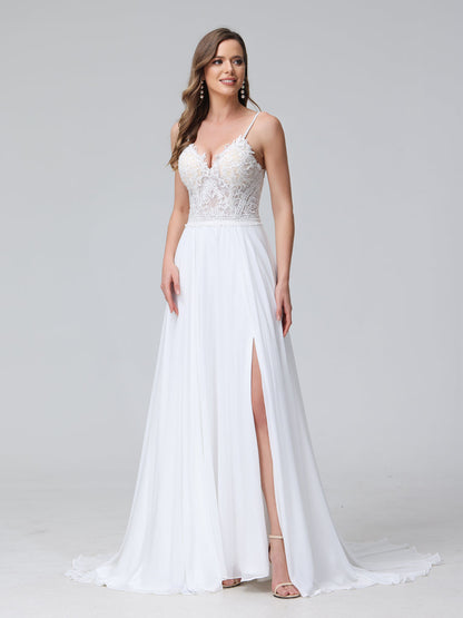 A-Line Alças Finas com Decote Em V Sem Mangas Vestidos de Casamento Longos de Chiffon com Apliques Laterais Divididas