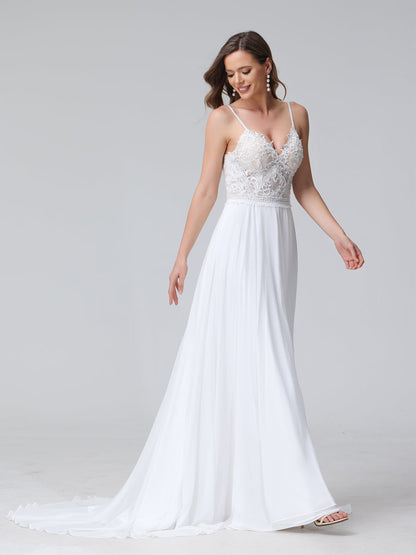 A-Line Alças Finas com Decote Em V Sem Mangas Vestidos de Casamento Longos de Chiffon com Apliques Laterais Divididas