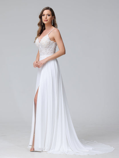 A-Line Alças Finas com Decote Em V Sem Mangas Vestidos de Casamento Longos de Chiffon com Apliques Laterais Divididas