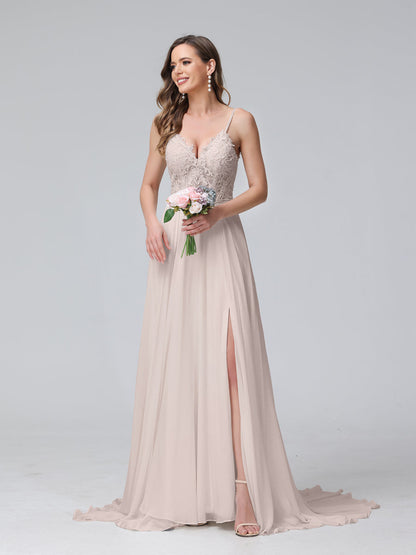 A-Line Alças Finas com Decote Em V Sem Mangas Vestidos de Casamento Longos de Chiffon com Apliques Laterais Divididas