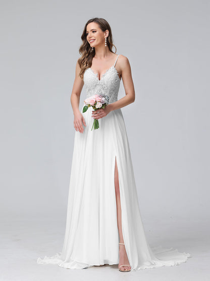 A-Line Alças Finas com Decote Em V Sem Mangas Vestidos de Casamento Longos de Chiffon com Apliques Laterais Divididas