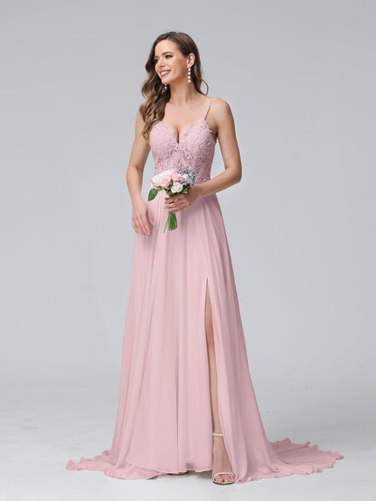 A-Line Alças Finas com Decote Em V Sem Mangas Vestidos de Casamento Longos de Chiffon com Apliques Laterais Divididas