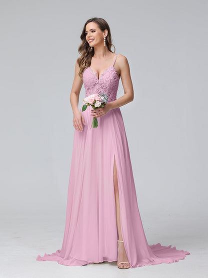 A-Line Alças Finas com Decote Em V Sem Mangas Vestidos de Casamento Longos de Chiffon com Apliques Laterais Divididas
