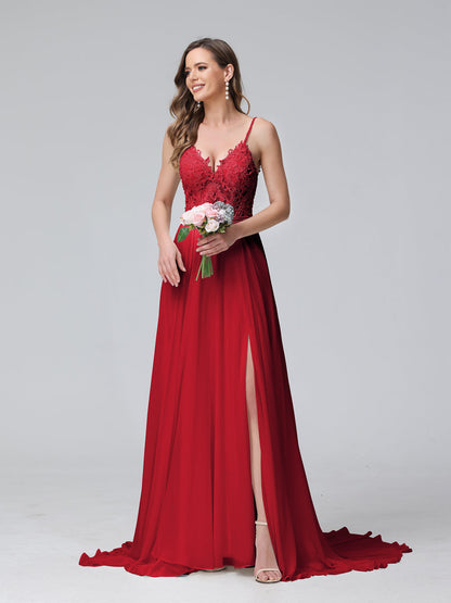 A-Line Alças Finas com Decote Em V Sem Mangas Vestidos de Casamento Longos de Chiffon com Apliques Laterais Divididas