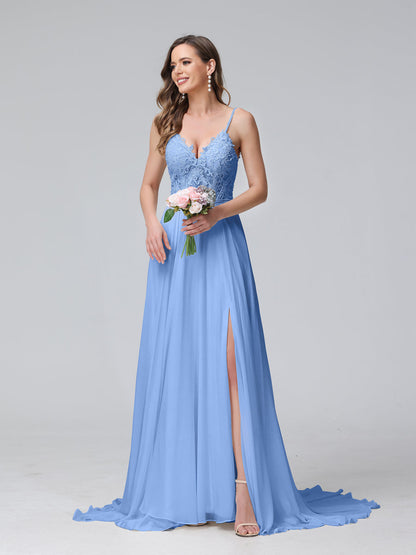 A-Line Alças Finas com Decote Em V Sem Mangas Vestidos de Casamento Longos de Chiffon com Apliques Laterais Divididas