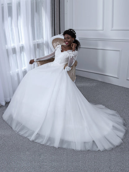 Vestido de Noiva de Tule com Mangas Compridas e Decote Em V com Apliques