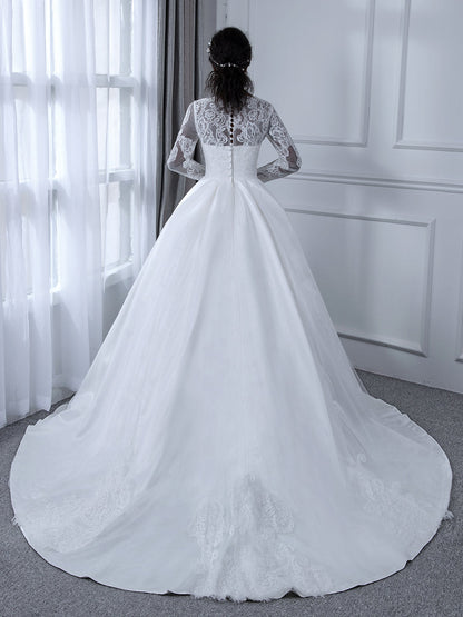 V-Neck Mangas Compridas Vestido de Baile de Renda Vestidos de Casamento com Apliques