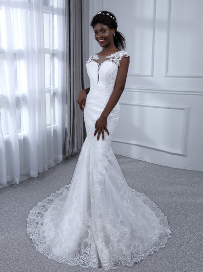 Vestidos de Noiva de Sereia de Tule Sem Mangas com Decote Transparente e Apliques