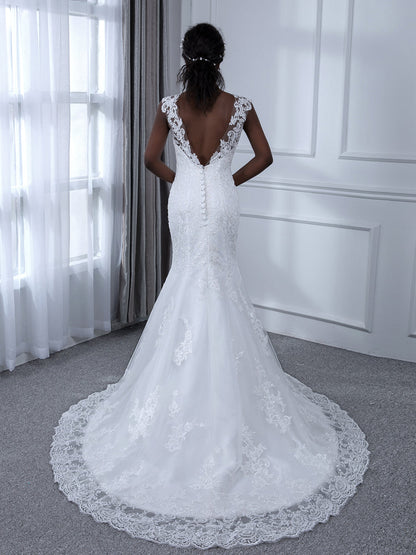 Vestidos de Noiva de Sereia de Tule Sem Mangas com Decote Transparente e Apliques