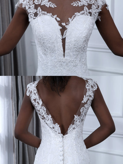 Vestidos de Noiva de Sereia de Tule Sem Mangas com Decote Transparente e Apliques