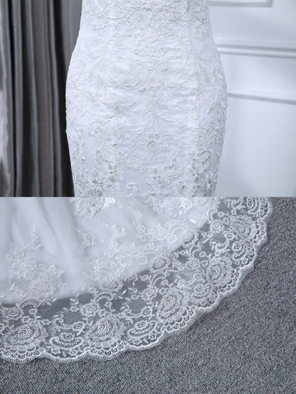 Vestidos de Noiva de Sereia de Tule Sem Mangas com Decote Transparente e Apliques