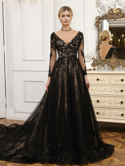 Vestidos de Noiva de Tule com Mangas Compridas e Decote Em V com Miçangas e Apliques