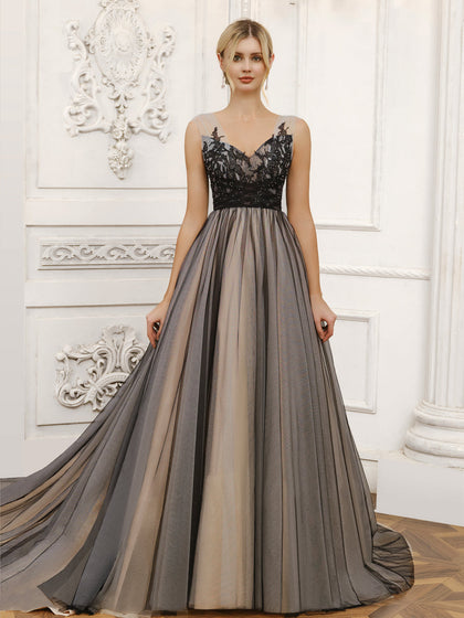 Tule com Decote Em V Sem Mangas Vestido de Baile Vestidos de Noiva com Miçangas