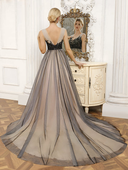 Tule com Decote Em V Sem Mangas Vestido de Baile Vestidos de Noiva com Miçangas