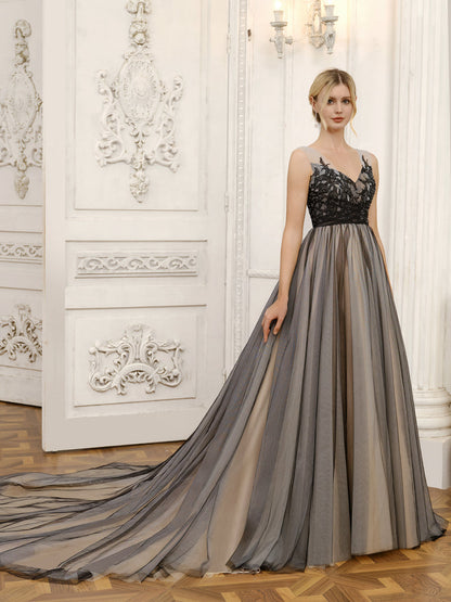 Tule com Decote Em V Sem Mangas Vestido de Baile Vestidos de Noiva com Miçangas