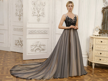 Tule com Decote Em V Sem Mangas Vestido de Baile Vestidos de Noiva com Miçangas