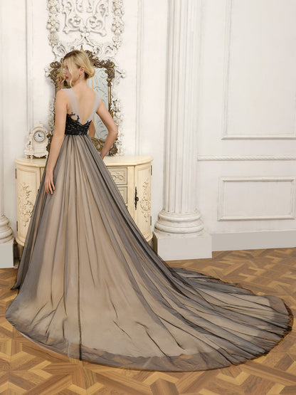Tule com Decote Em V Sem Mangas Vestido de Baile Vestidos de Noiva com Miçangas