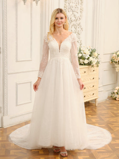 Vestidos de Noiva Longos Em Renda Evasê/Princesa com Decote Em V e Apliques e Mangas Compridas