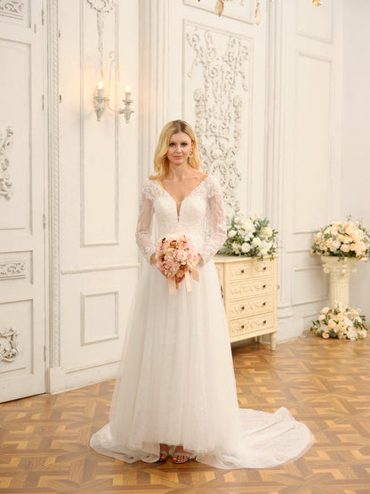 Vestidos de Noiva Longos Em Renda Evasê/Princesa com Decote Em V e Apliques e Mangas Compridas