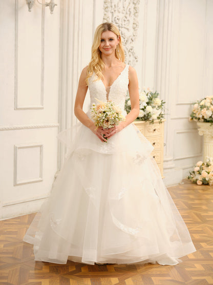 Vestido de Noiva Longo Sem Mangas com Decote Em V e Apliques