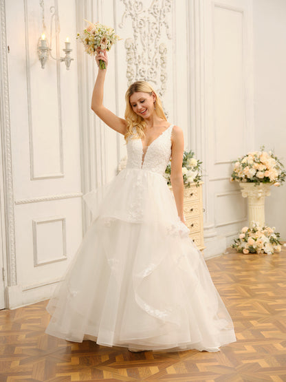 Vestido de Noiva Longo Sem Mangas com Decote Em V e Apliques
