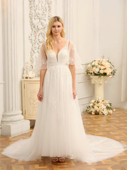 Vestidos de Noiva Longos Em Linha A/Princesa com Decote Em V e Meia Manga com Apliques