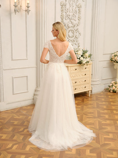 Vestidos de Noiva Longos com Decote Em V e Mangas Curtas com Apliques e Miçangas