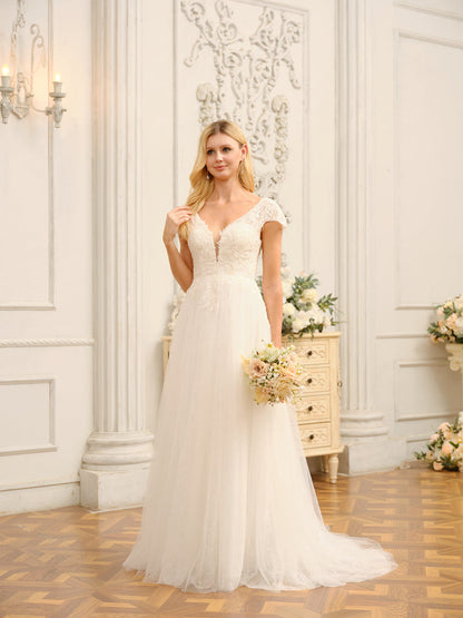 Vestidos de Noiva Longos com Decote Em V e Mangas Curtas com Apliques e Miçangas