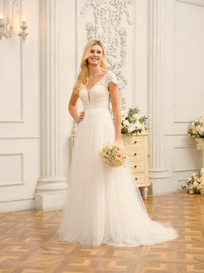 Vestidos de Noiva Longos com Decote Em V e Mangas Curtas com Apliques e Miçangas