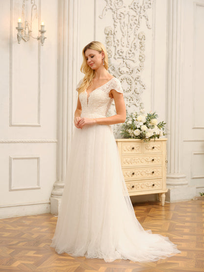 Vestidos de Noiva Longos com Decote Em V e Mangas Curtas com Apliques e Miçangas