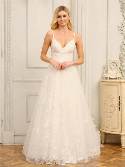 Vestidos de Noiva Longos Em Linha A/Princesa com Decote Em V Sem Mangas e Apliques