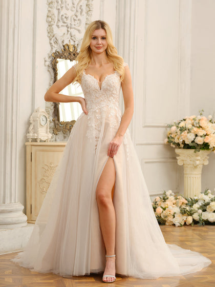 Vestidos de Noiva Longos Sem Mangas A-Line/Princesa com Apliques e Laterais Divididas