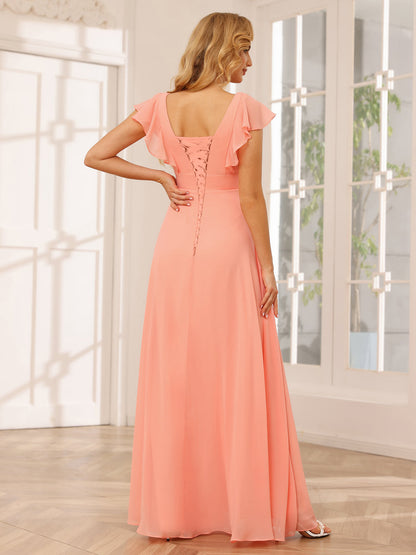 Vestidos Longos de Dama de Honra Evasê/Princesa com Decote Em V e Babados