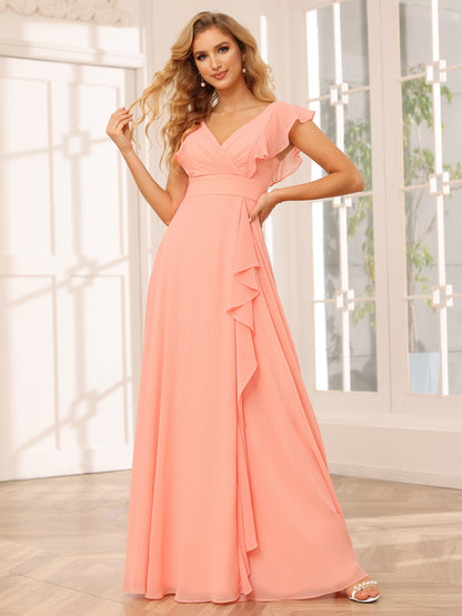 Vestidos Longos de Dama de Honra Evasê/Princesa com Decote Em V e Babados