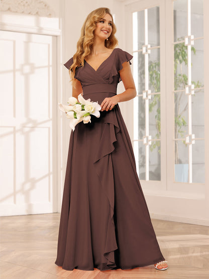 Vestidos Longos de Dama de Honra Evasê/Princesa com Decote Em V e Babados
