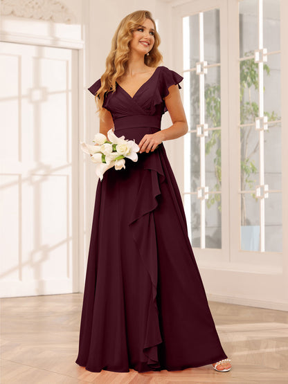 Vestidos Longos de Dama de Honra Evasê/Princesa com Decote Em V e Babados