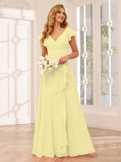 Vestidos Longos de Dama de Honra Evasê/Princesa com Decote Em V e Babados