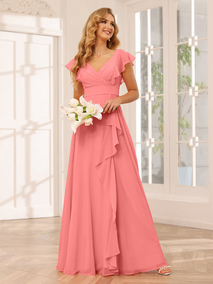 Vestidos Longos de Dama de Honra Evasê/Princesa com Decote Em V e Babados