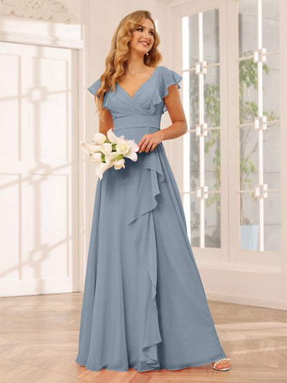 Vestidos Longos de Dama de Honra Evasê/Princesa com Decote Em V e Babados