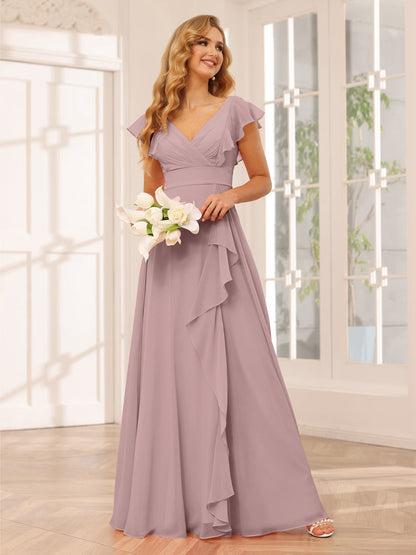 Vestidos Longos de Dama de Honra Evasê/Princesa com Decote Em V e Babados