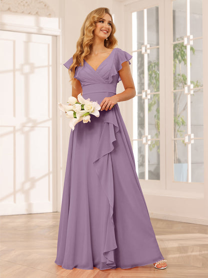 Vestidos Longos de Dama de Honra Evasê/Princesa com Decote Em V e Babados