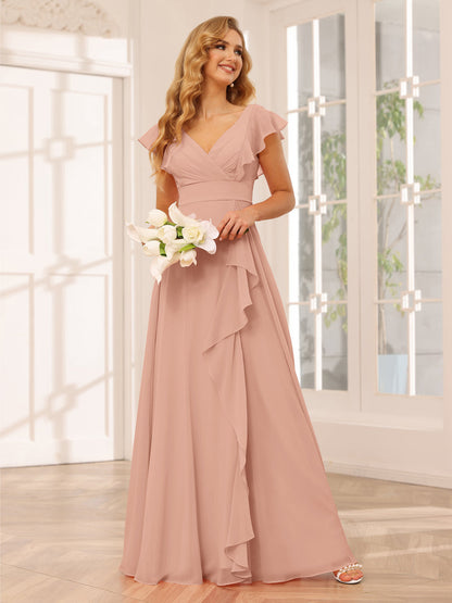 Vestidos Longos de Dama de Honra Evasê/Princesa com Decote Em V e Babados