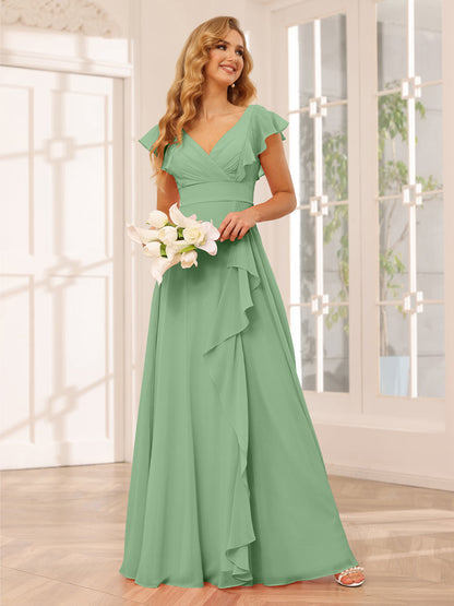 Vestidos Longos de Dama de Honra Evasê/Princesa com Decote Em V e Babados