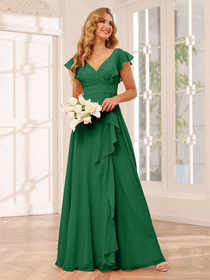 Vestidos Longos de Dama de Honra Evasê/Princesa com Decote Em V e Babados