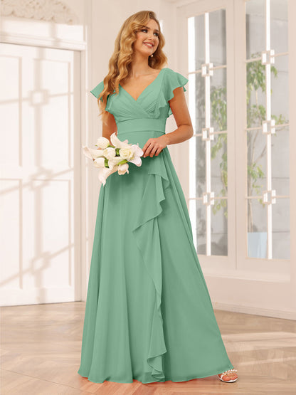Vestidos Longos de Dama de Honra Evasê/Princesa com Decote Em V e Babados