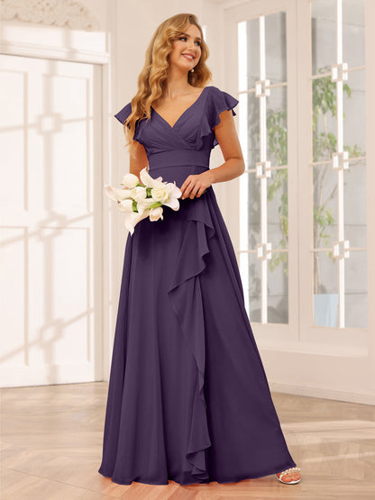 Vestidos Longos de Dama de Honra Evasê/Princesa com Decote Em V e Babados