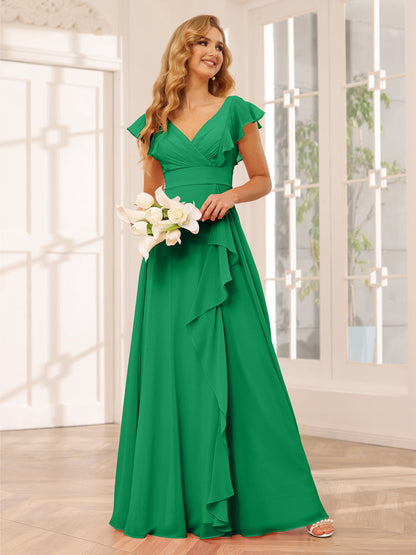 Vestidos Longos de Dama de Honra Evasê/Princesa com Decote Em V e Babados